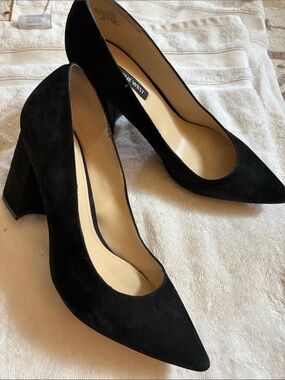 Nine West Cara Black Suede Pointed Block Heel Pumps 8.5